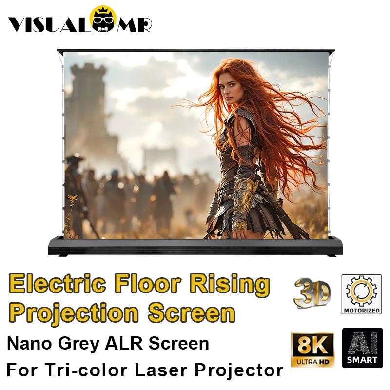 2025 Hot Electric Floor Rising Nano Grey Projection Screen Tab-Tensioned 150inch Motorized 4K/8K for Tri-color Laser Projectors