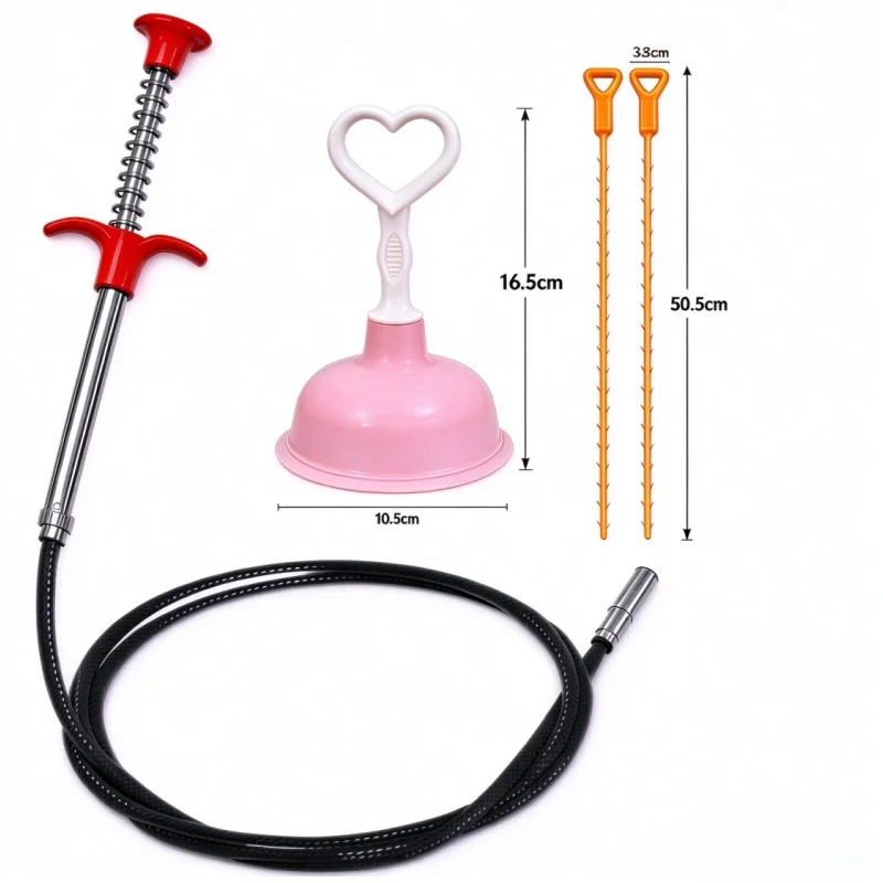 4Pcs Drain Clog Remover Tool Kit, Household Pipe Unclogger Set, Flexible Drain Auger & Heart-shaped Toilet Plunger, Hair Removal