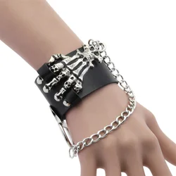 Goth Black PU Leather Skull Finger Wrist Chains Rings Bracelets Women Punk Hand Bangles Halloween Grunge Jewelry Steampunk Men