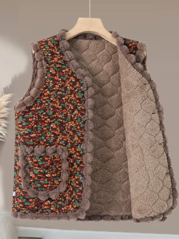 سترة نسائية بنمط عرقي مبطنة بالصوف الدافئ، مصنوعة من ألياف البوليستر السميكة، بياقة على شكل V ونقش زهري، إغلاق بزر واحد، ملاب...