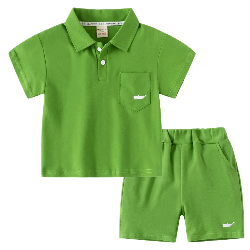 

Children's Short Sleeve Set 2025 Summer New Korean Edition Boys' Solid Color Polo Shirt Top Five Leg Pants Two Piece Set Wholesa