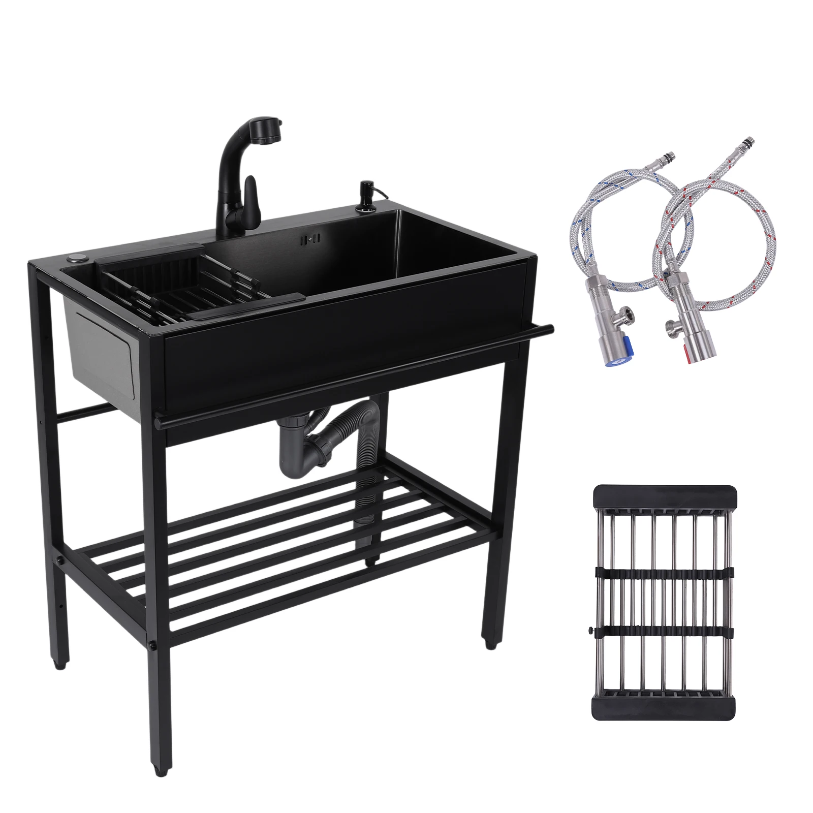 

Free Standing Single Bowl Kitchen Sink with Cold and Hot Water Faucet Hoses and Drain Kit Laundry Tub for Restaurant Garage