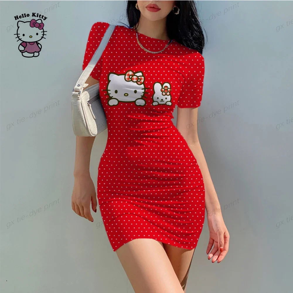 Zomer Mini Jurken Vrouwen Hello Kitty Print Skinny Office Jurk Korte Mouw Bandage Bodycon Party Strandjurk Vestidos Gewaden