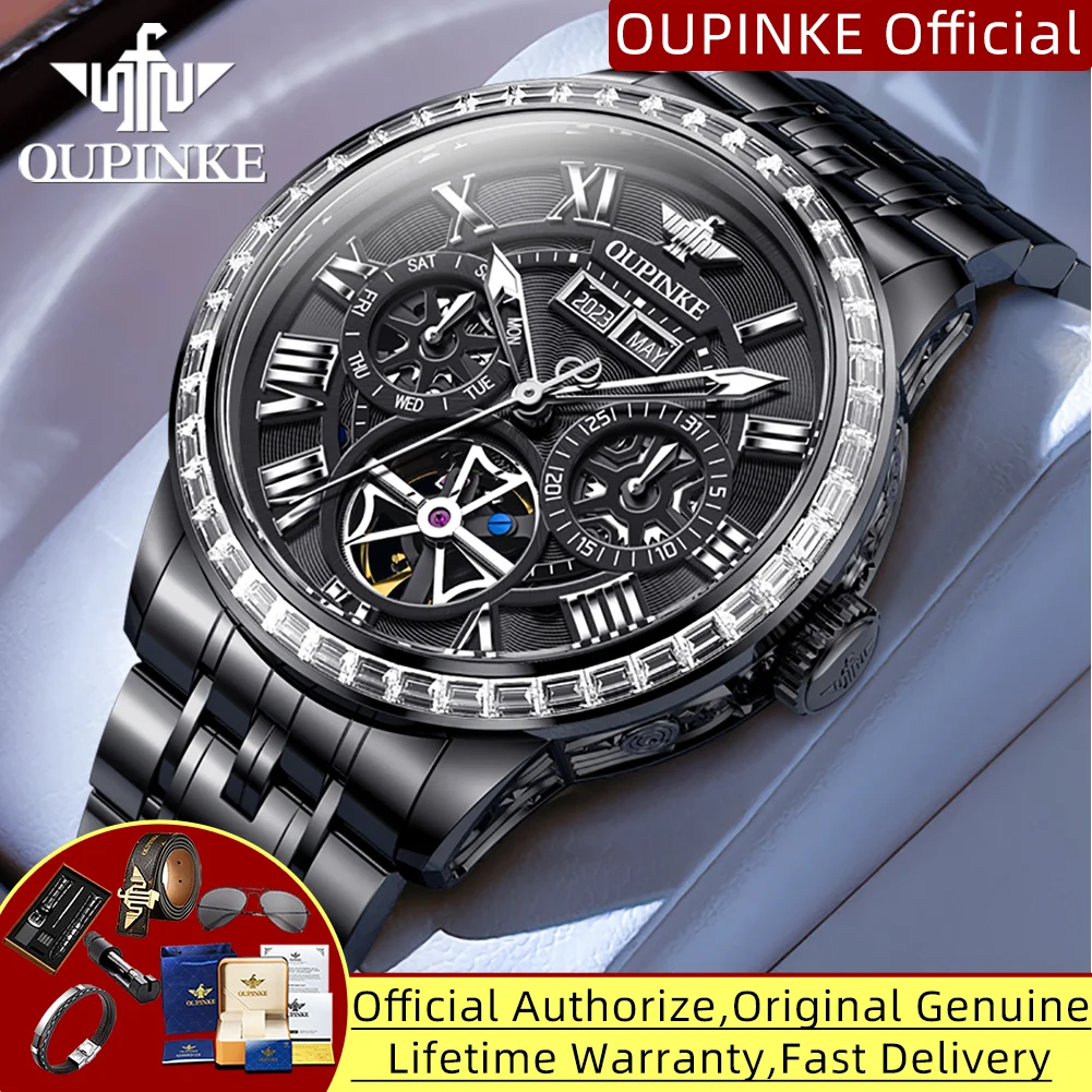 

OUPINKE 3252, автоматические механические часы для мужчин, инкрустированный бриллиантами безель, классические римские цифры, весы, многофункциональные роскошные мужские часы