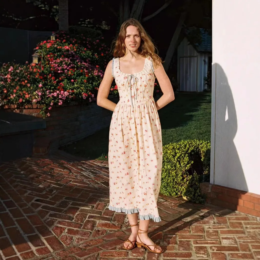 

French Country Floral Print Svel Vest Dr Belted Square Collar Gown Spring Summer Autumn Cotton Elastic Waist Skirt