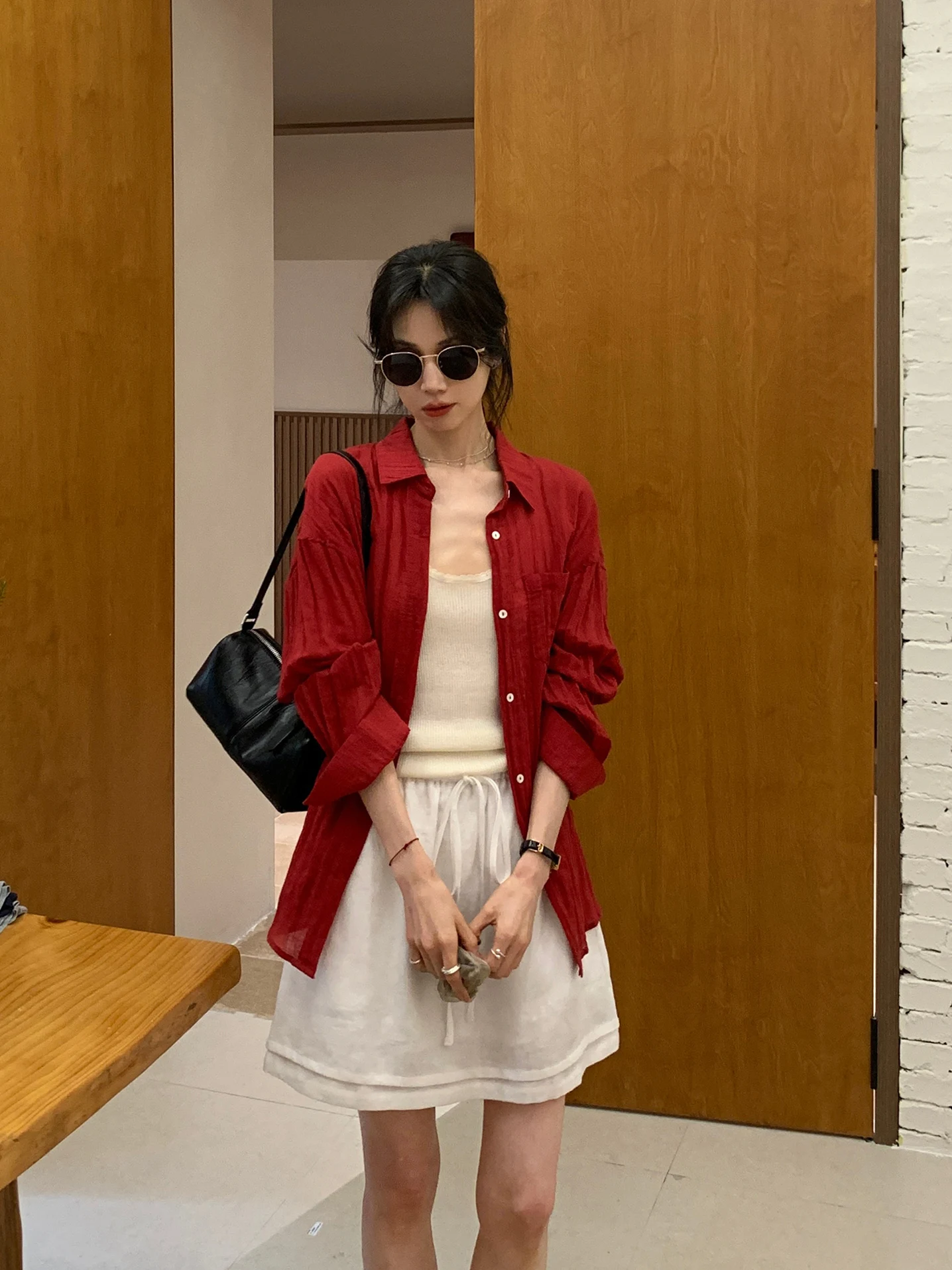 

BRIVIN Red Silk Long Sleeve Shirt Women's Spring New Gentle Style Sun Protection Outerwear Slimming Thin Top Ladies Shirt