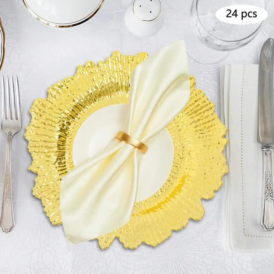 24Pcs Gold Petal Edge PP Plates, 12.6in Elegant Table Dinner Decorative Plates, Wedding Serving Plates For Wedding Party Banquet