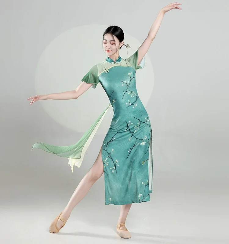 Cheongsam Dance Clothes Performance Clothes Classical Dance Costumes Women's Split Stretchy Chinese Style Practice Outfits