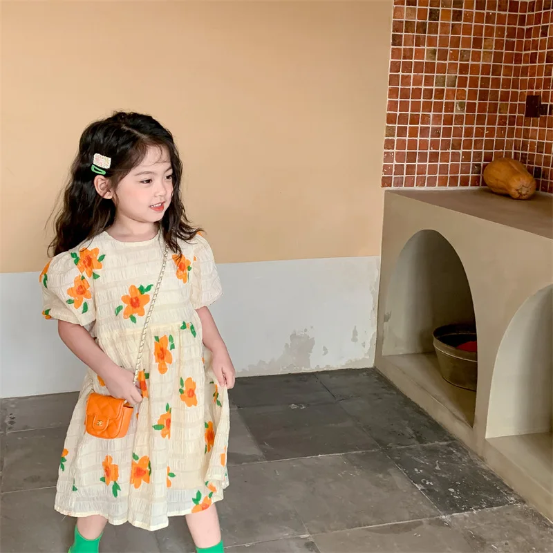 

Summer Baby Girls Floral Print Floral Puff Sleeves Button Back Breathable Dress Kids Outfit Children Sweet Vacation Skirt 2-8 Yr