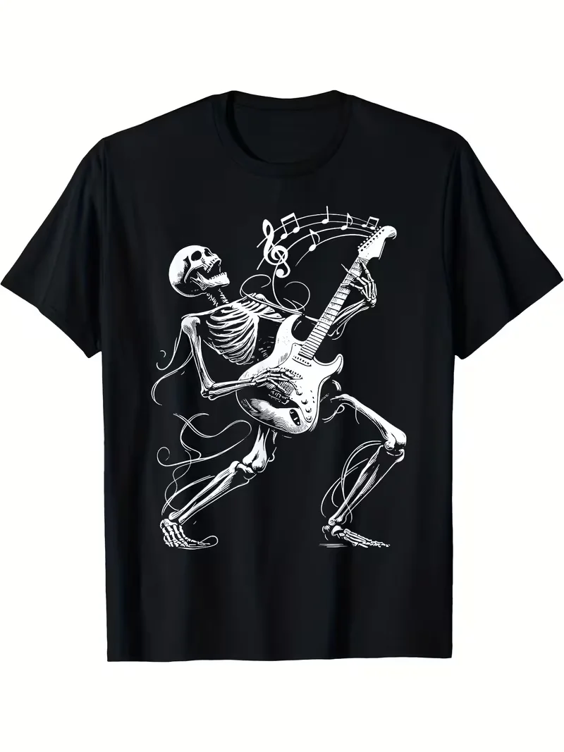 Rock Band Skeleton Guitarist Graphic T-Shirt Music Tee with Electric Guitar & Stage Design Loose Fit Crew Neck Unisex Casual Top