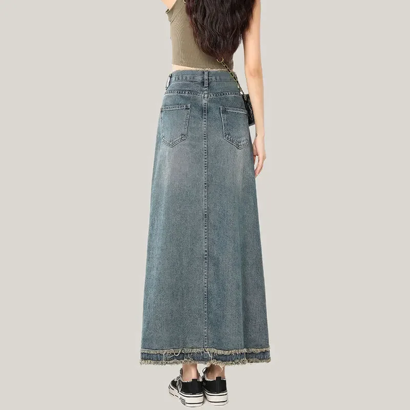 Women\'s Denim Skirt with Front Slit Maxi Long Blue Stylish Casual Plain Tall Girl Floor Jeans Summer