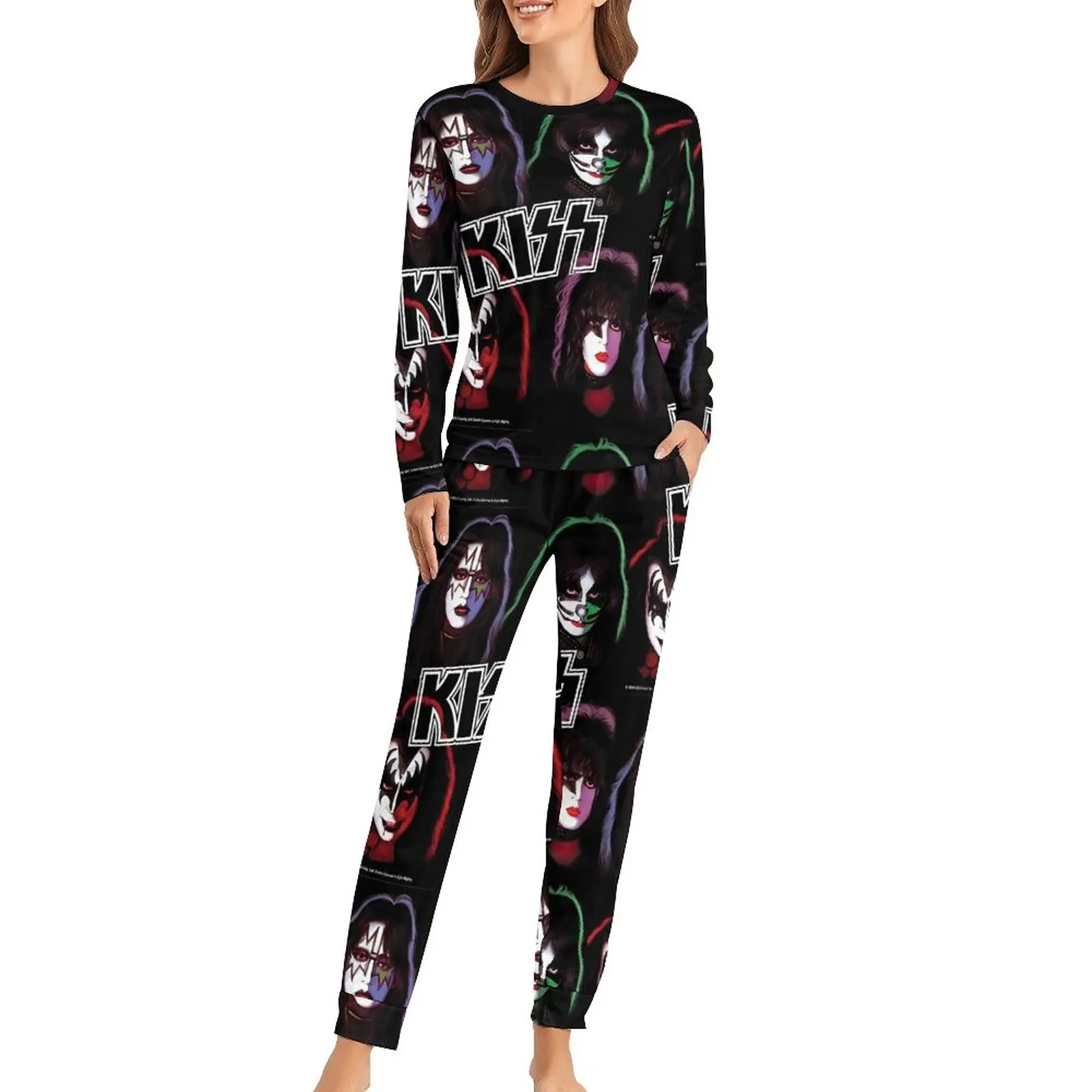 Kd\'appareils Band-Ensemble de pyjama à manches longues surdimensionné pour femme, vêtements de nuit Kawaii, groupe de rock, 2 pièces