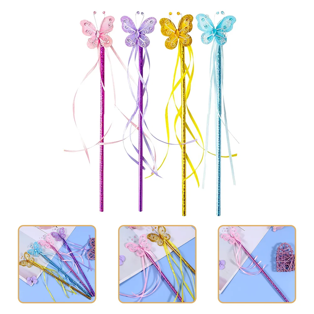 4Pcs Butterflies Fairy Ribbon Wrapped Stick Girl Costume Party Stage Dress-Up Accessory Butterflies Fairy Wands
