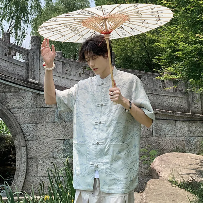 

New Chinese Sle Men's irt Summer High Sensation Wind Han Su ort Sve Zhong Mountain Casual Ice Silk Button irt