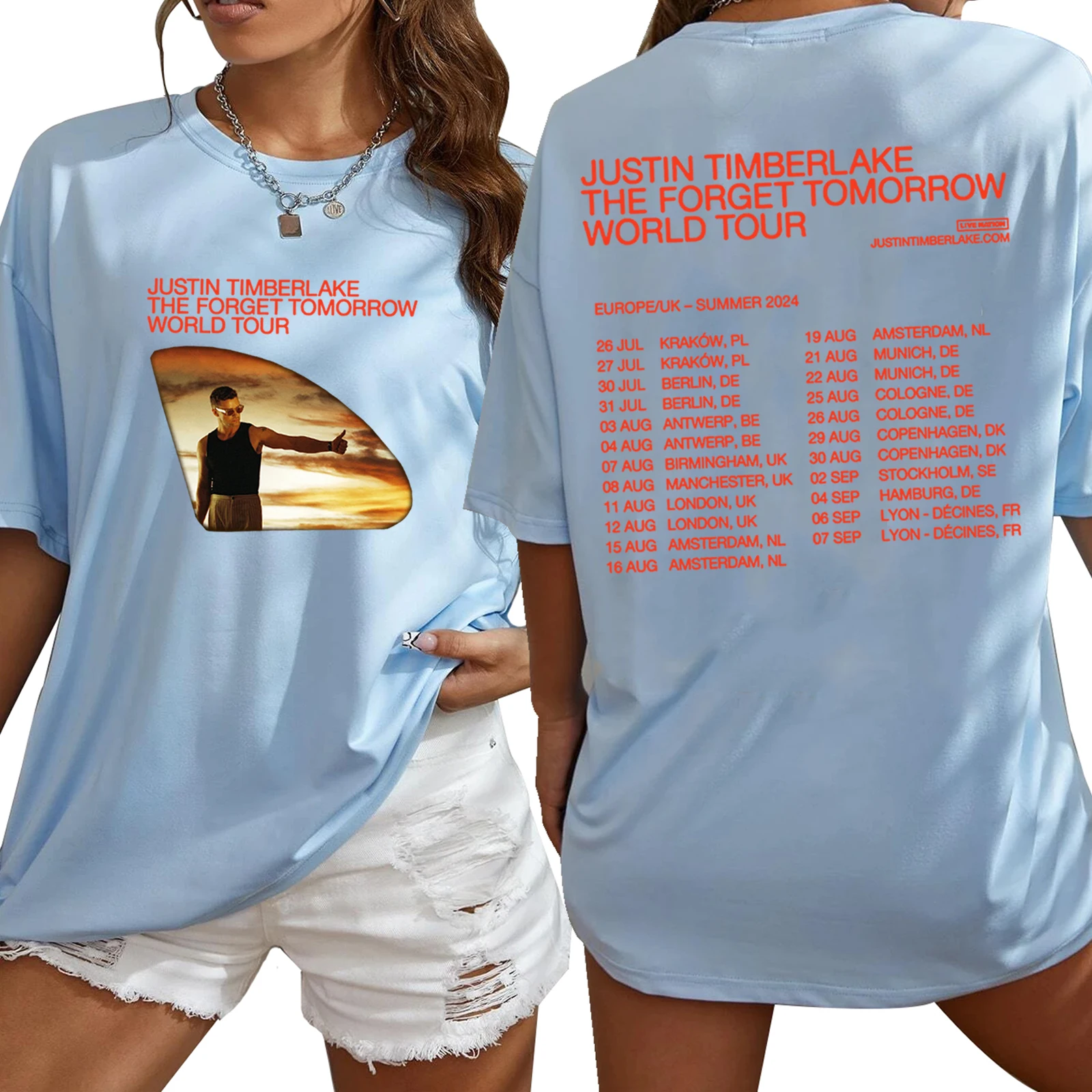 Justin Timberlake The Forget Tomorrow World Tour European/UK 2024 Oversized Short Sleeve Fans Women Gift Girls Fashion Shirt