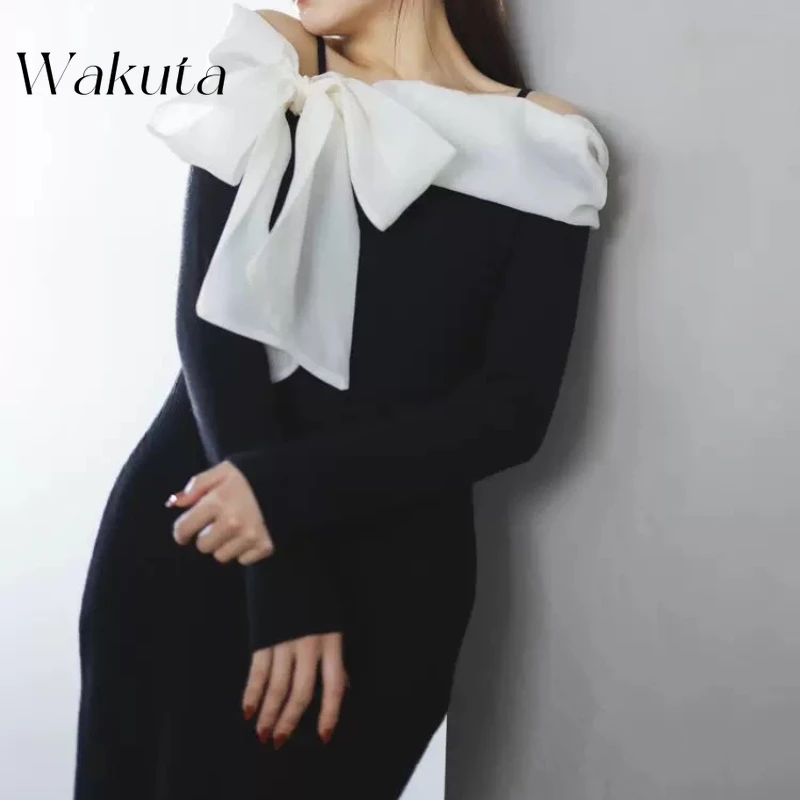 WAKUTA Japanese Kawaii One Shoulder Bow Knitted Dress Casual Original Style Strap Wrap Hip Maxi Robe Female Clothing Y2k Gown