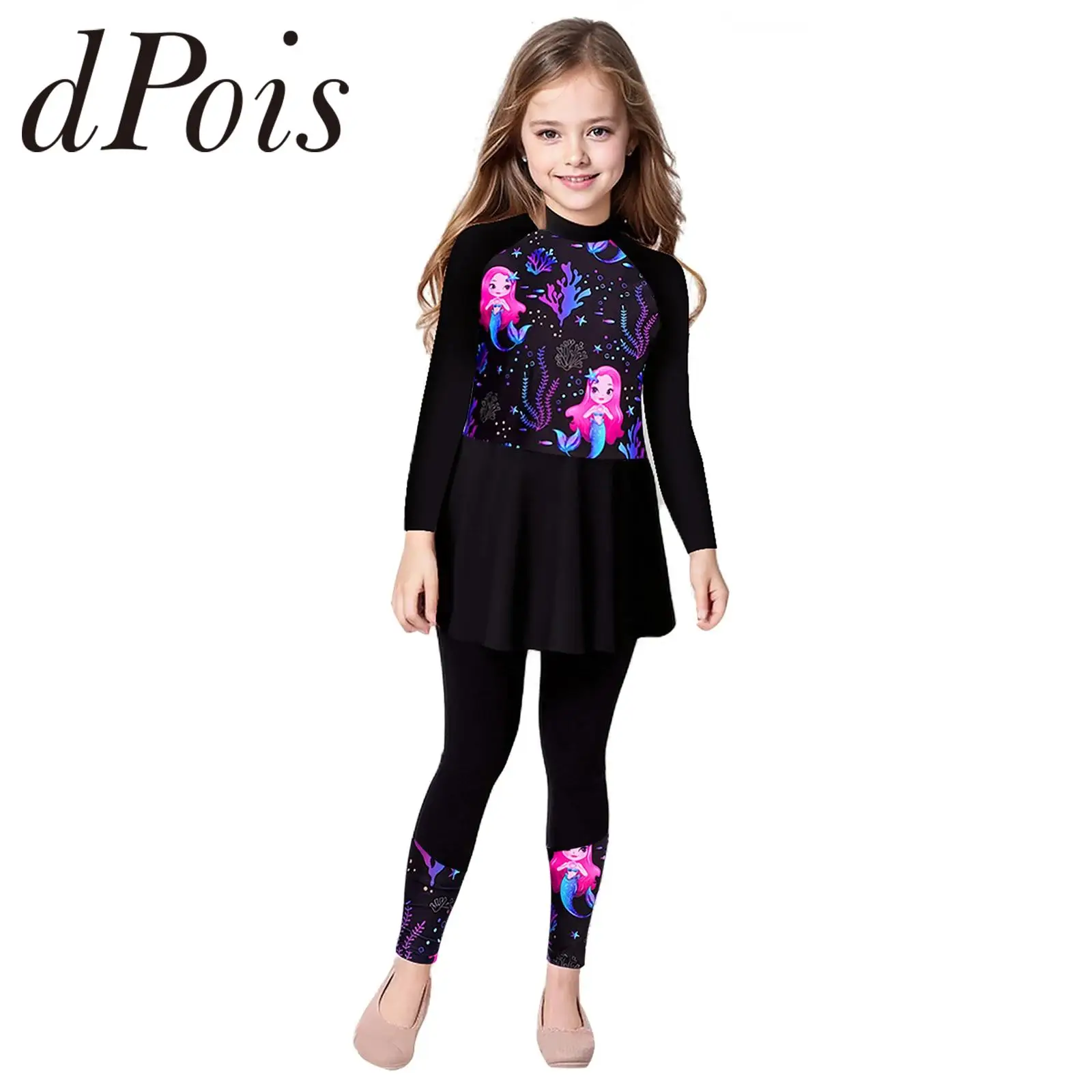 

2Pcs Kids Girls Print Swimsuit Long Sleeve Swim Dress And Pants Set Childs Swimwear Swimming Pool Beach Bathing Suit Rash Guard