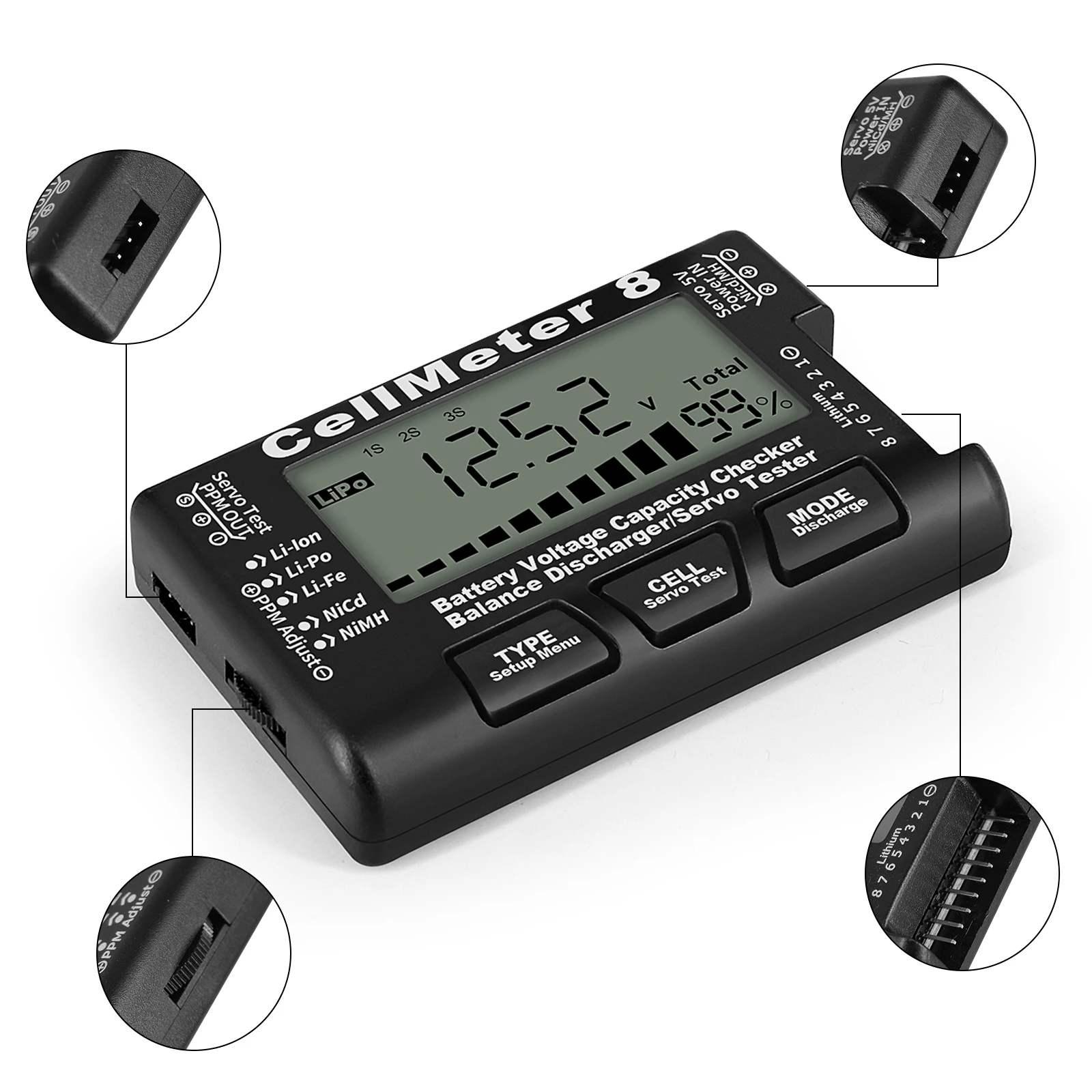 RC CellMeter 8 2-8S 4-8S LiPo Li-lon Battery Tester Battery Capacity Voltage Meter NiMH Meter 8 Digital Battery Capacity Checker