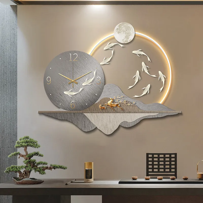 Living Room Decor LED Wall Clock Nine Fish Painting Restaurant Mute Digital Clock Background Wall Corridor Hang Watch Room Decor