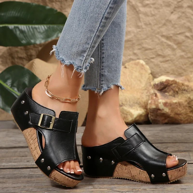 

Women Sandals Fashion Cork Wedge Mule Sandal For Women Simple Leather Open Toe Slides With Color Comfortable Metallic Shoes