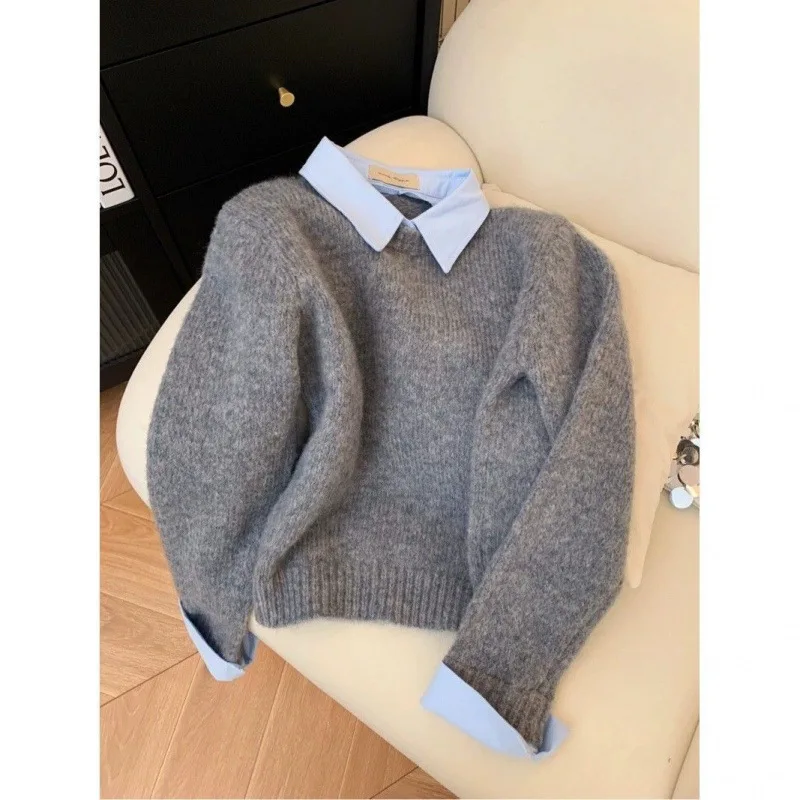 

Fake Two Shirts Collar Sweater Women's Autumn Outfit New Lazy Linterior Contrasting Color Gray Knit Sweater Top with Flip Collar