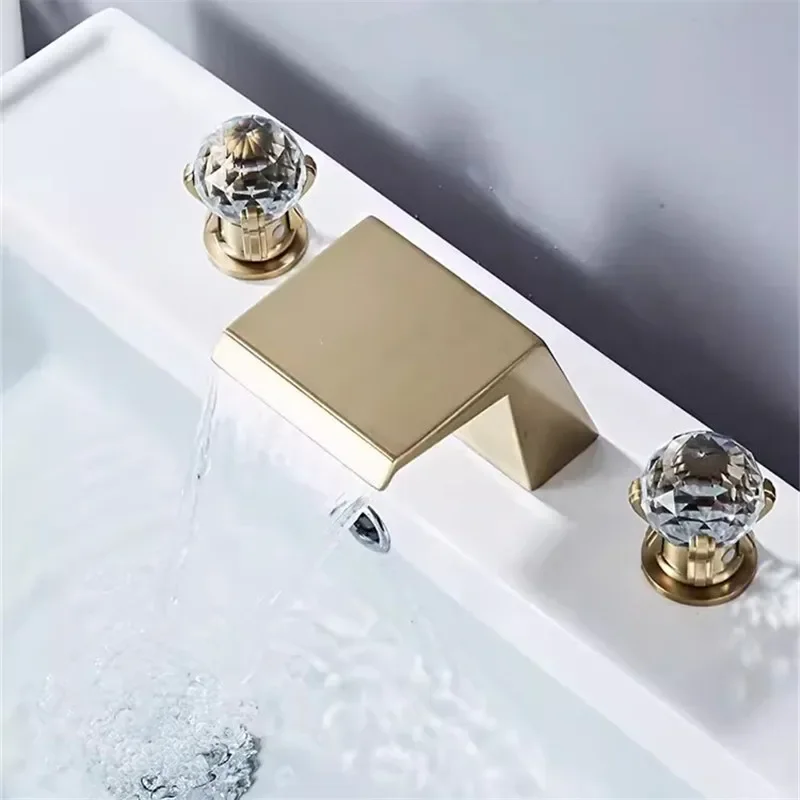 Brushed Gold Bathroom Brass Black Basin Crystal  Sink Faucets 3 Hole Hot And Cold Waterfall Faucet Water Tap