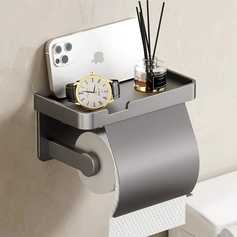 No-Drill Aluminum Alloy Toilet Paper Holder with Storage Tray Wall-Mounted WC Roll Paper Holder Phone Shelf Bathroom Accessories