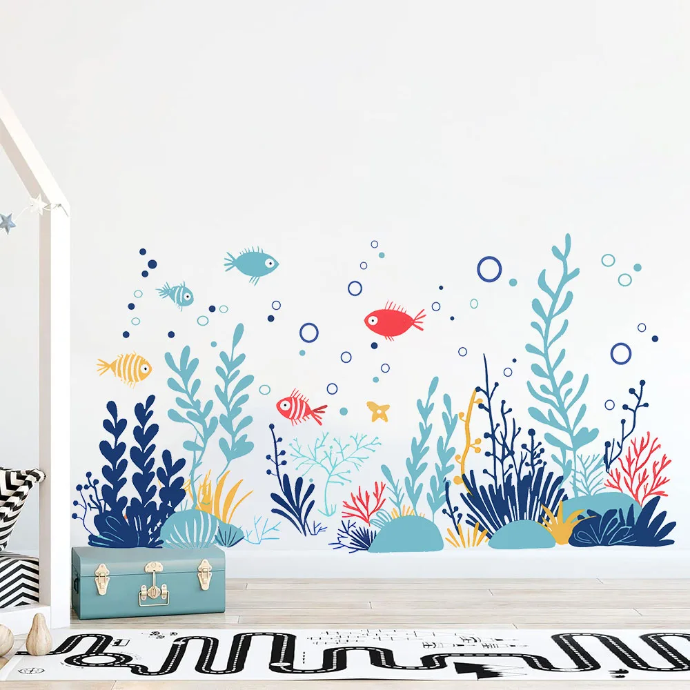 Pegatinas de pared de peces de algas marinas de océano de dibujos animados, pegatinas de pared de paisaje de hierba de animales bajo el mar, decoración del hogar para sala de estar