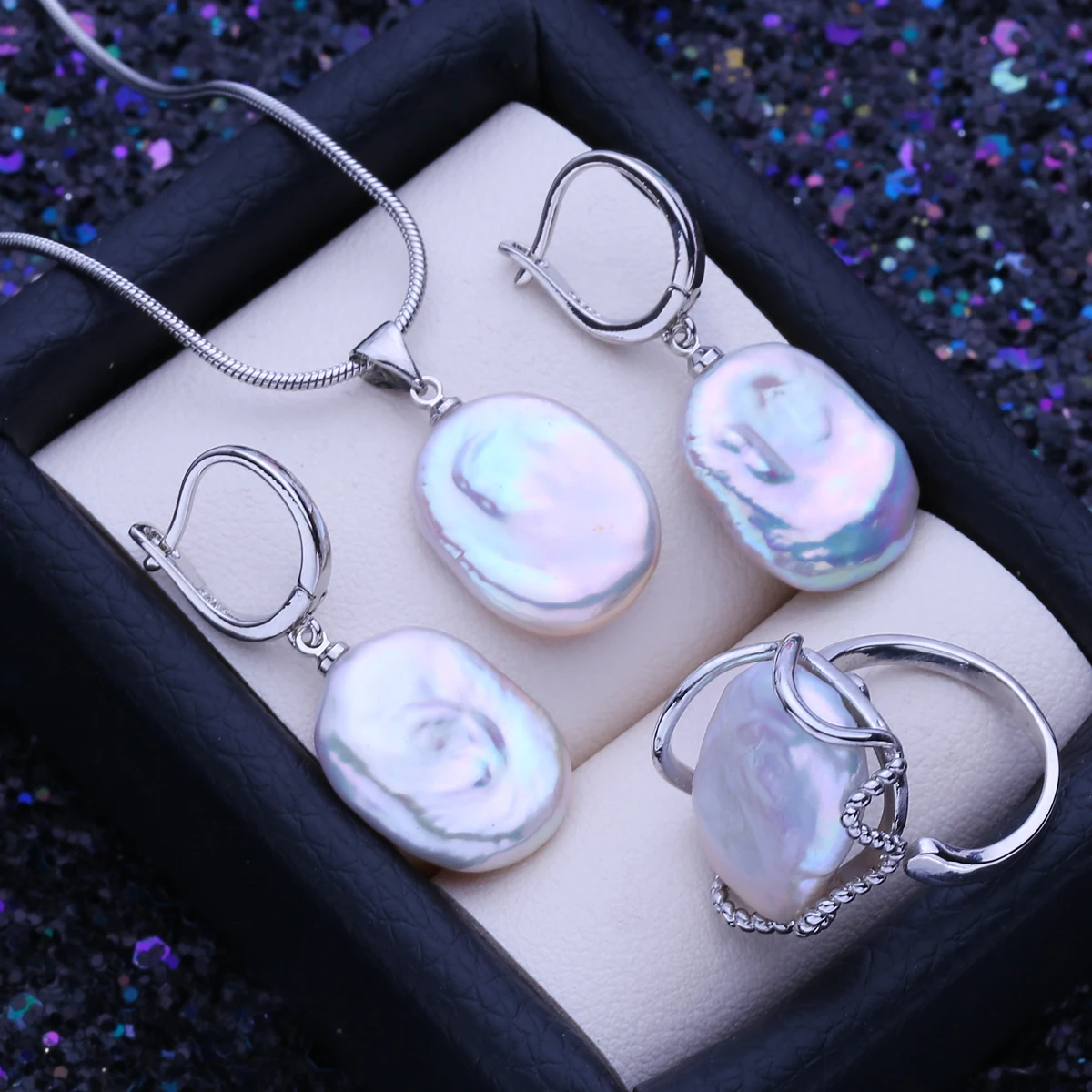 FENASY Natural Freshwater 12-16mm Big Baroque Pearl Jewelry Sets Silver Color Fashion Party Pendant Necklaces Drop Earrings Ring view 6