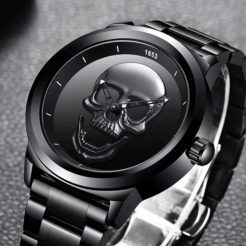 LIGE Top Brand 3D Skull Man Watch Fashion Creative Stainless Steel Quartz Watchs for Men Fashion Business Waterproof Male Clocks