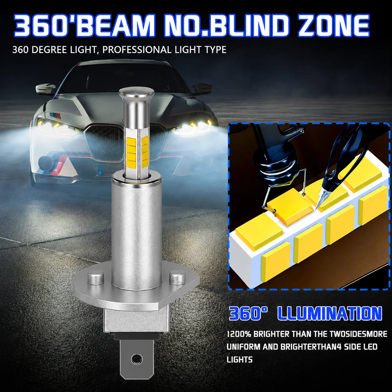 2pcs 360 H1 Headlights 12800000LM 6000K 6800W Mini Size 16PCS 9980 CSP Chips Auto Light Kits Replace Lamps 12V H4 +1200% Bright
