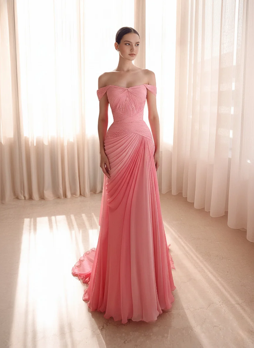 

EGS 2026 Women' s Formal Wedding Party Gown Elegant Off Shoulder Evening Dresses Pleated Simple Chiffon Customized