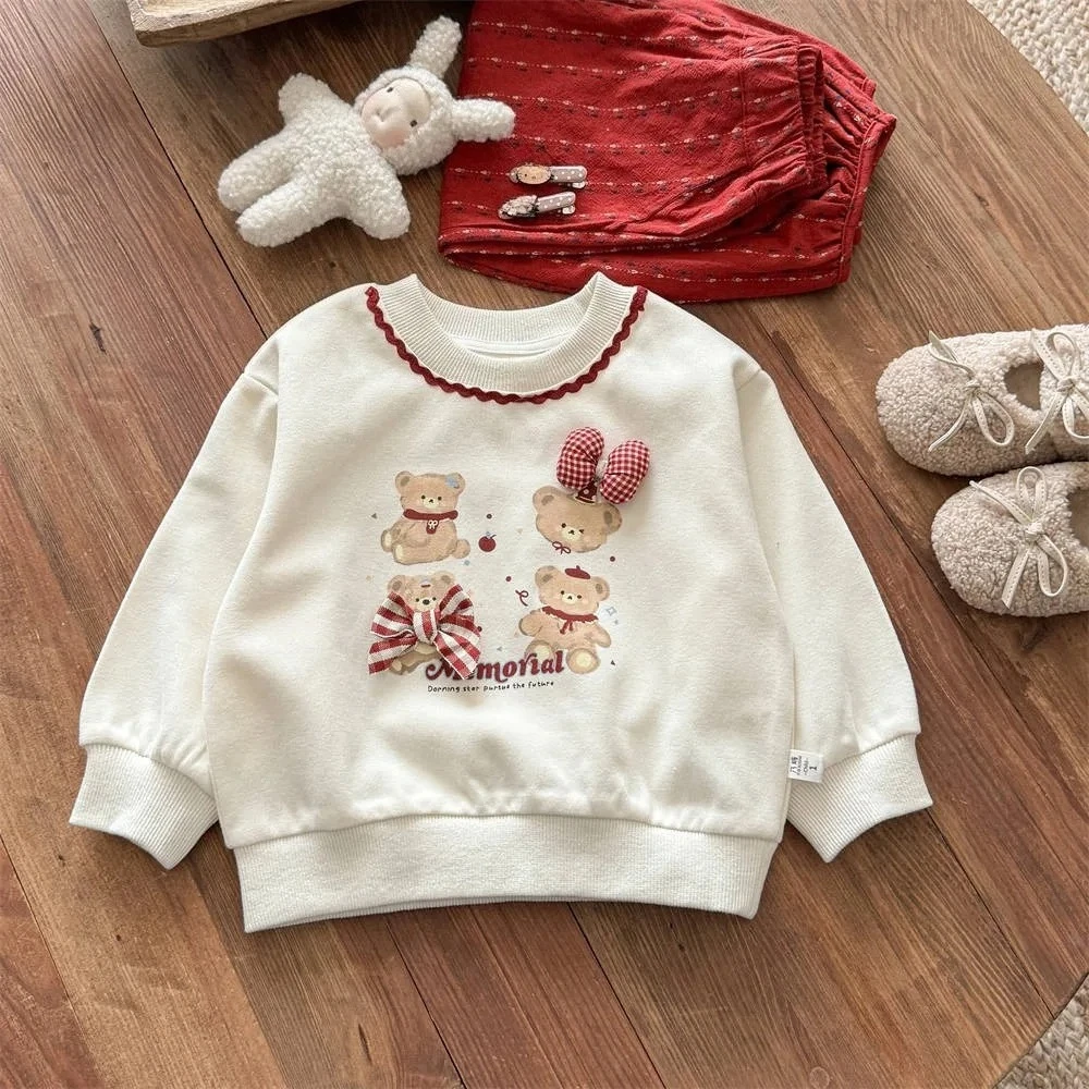 خريف جديد لطيف ملابس عقدة شعر للفتيات الدب كم طويل بلوزات وسراويل مخططة حمراء موضة الأطفال مجموعة النسخة الكورية #4