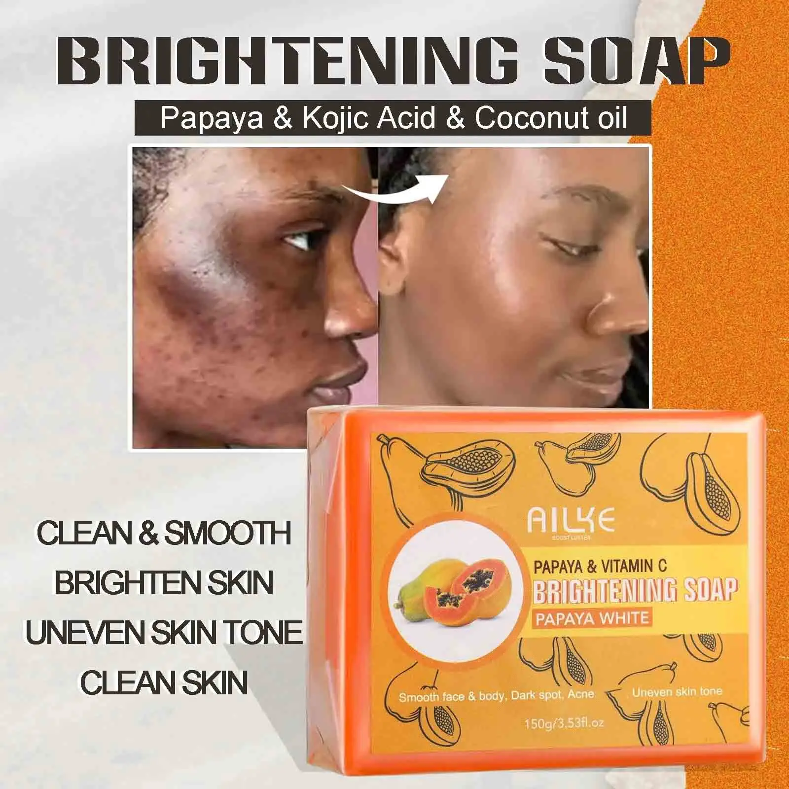 

AILKE Organic Papaya Soap Bar for Whitening Skin, Reduce Dark Spots and Acne, Even Skin Tone, Clean Stains, Oil Control, 150g