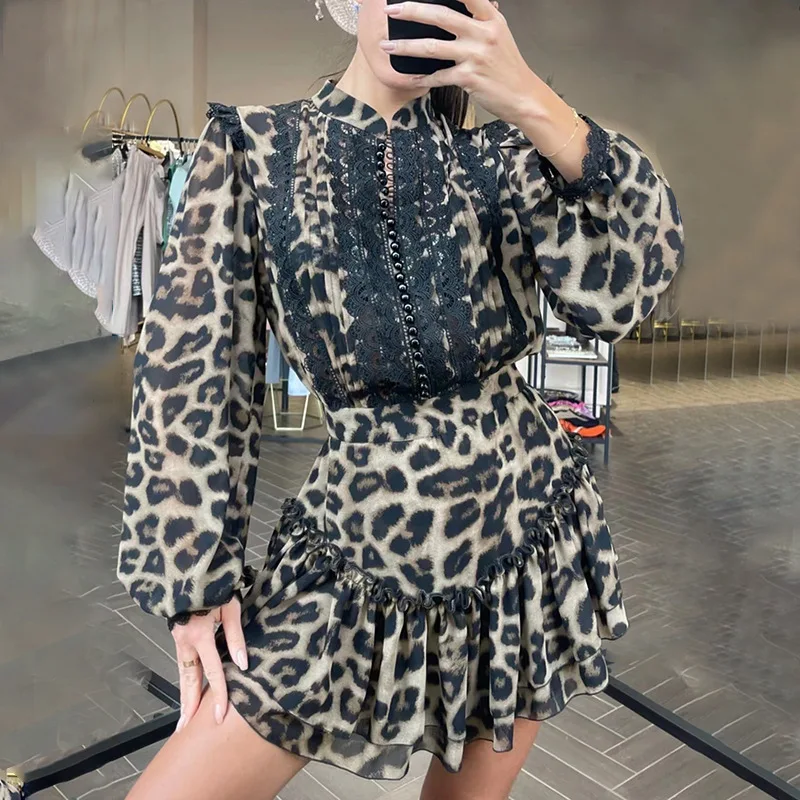 Women's   dress    Skirt   suit    Personalized    Leopard   Ladies Shirt    Splicing   High   Waist    Lantern Sleeve    Summer