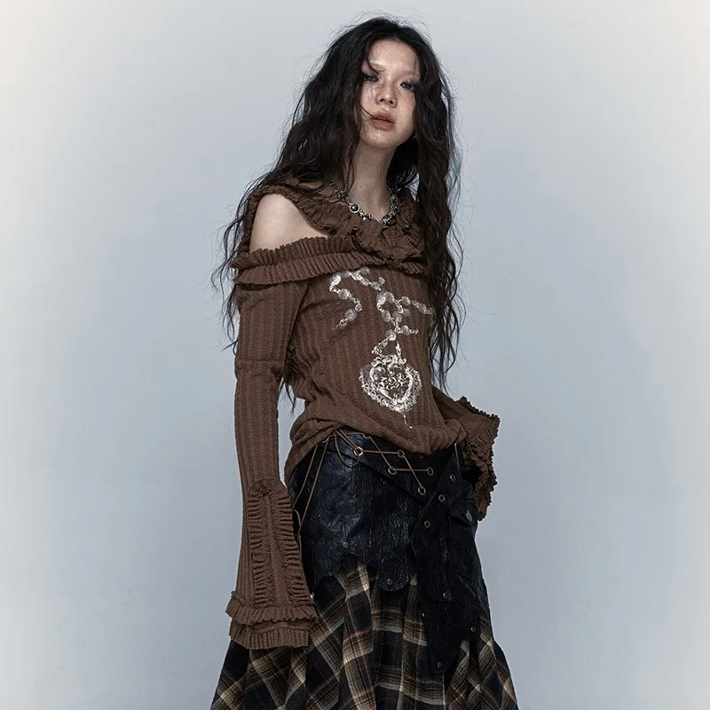 그런지 감성 니트 Y2K 탑 빈티지 오프숄더 타투 프린트 티셔츠 웨이스트랜드 펑크 블랙 골지 티셔츠 고딕