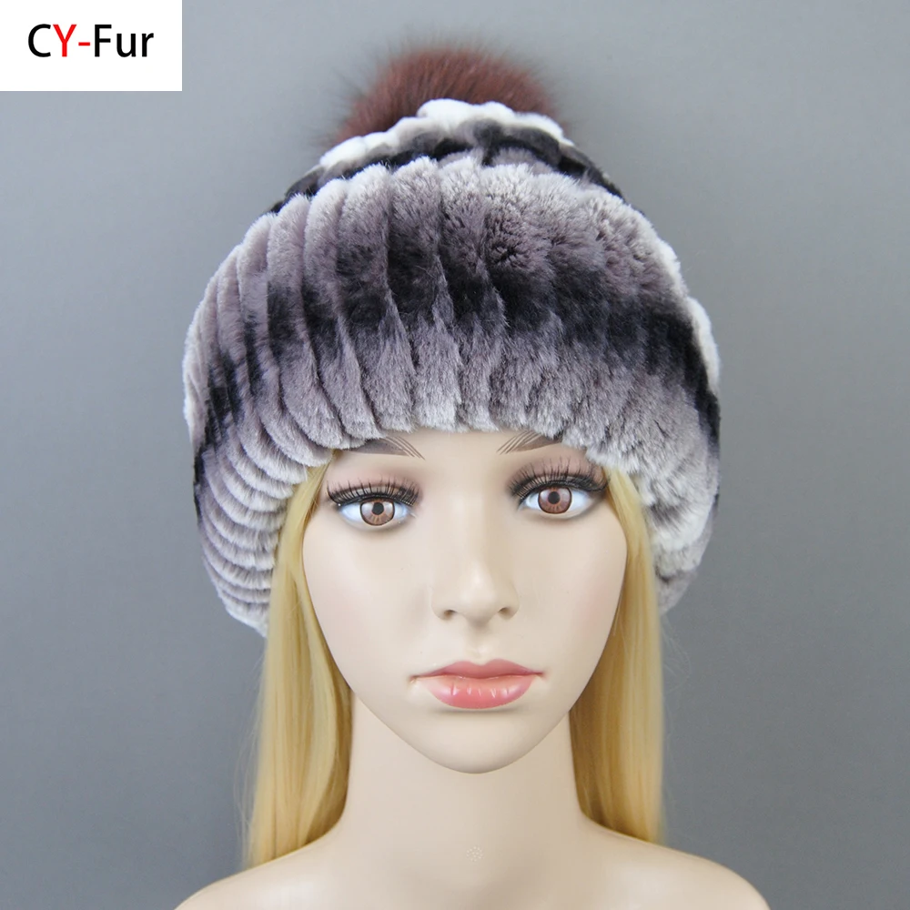 New Winter Warm Real Rex Rabbit Fur Hats Beanies 100% Natural Fur Caps Fashion Knitted Genuine Fur Hat With Silver Fox Fur Ball