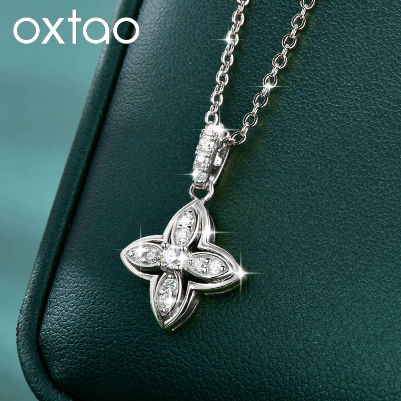 

OXTAO Round Moissanite Four-Leaf Flower Necklace For Women Clover Pendant Necklace Wedding Party Jewelry 14K Gold Filled Chain