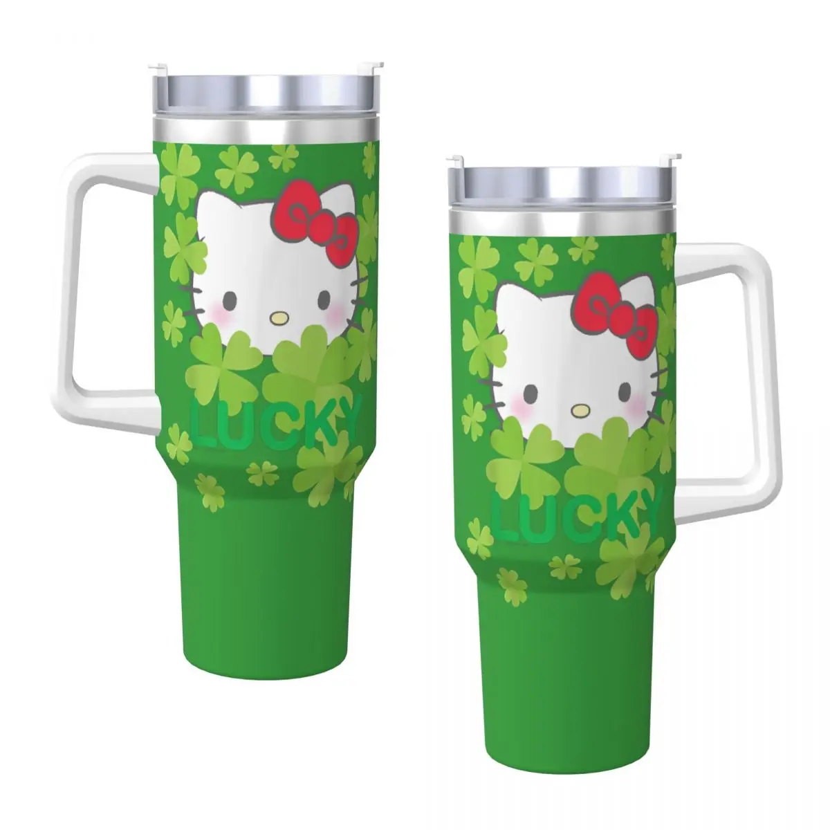 Hello Kitty Lucky Clover St. Patrick's Day Stainless Steel Tumbler Travelist Mugs Cup Large Coffee Mug Portable Tea Water Bottle