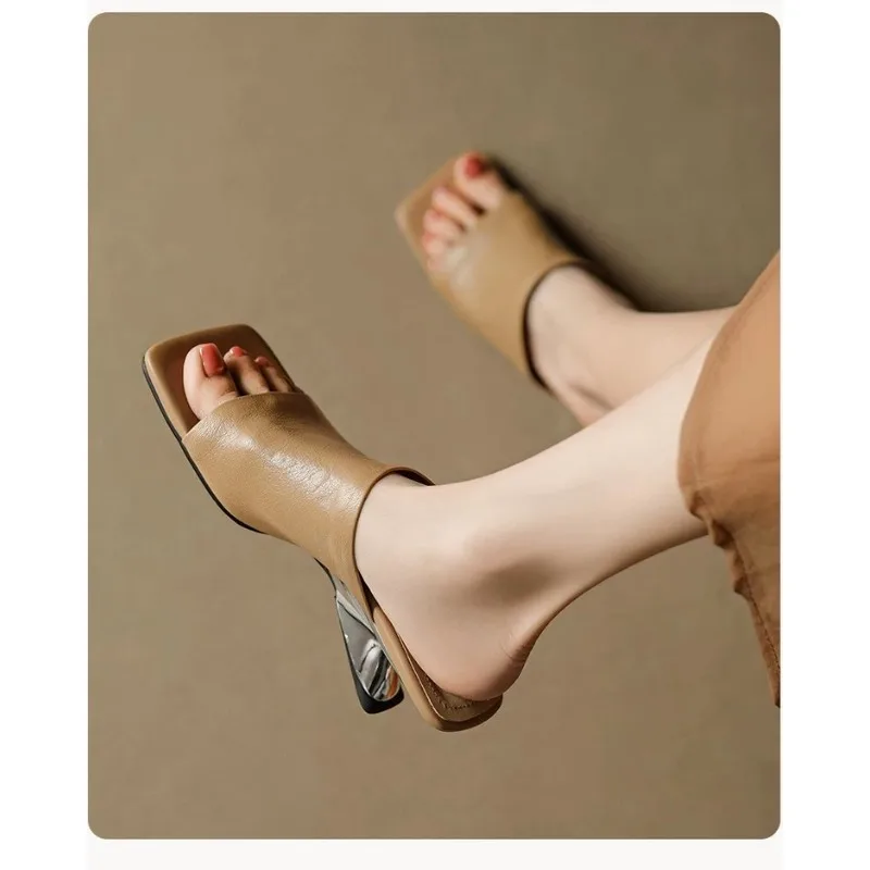 Handmade Soft Leather One-word Slippers Women's Outer Square Toe Summer New Fashion Retro Temperament Sandals view 5