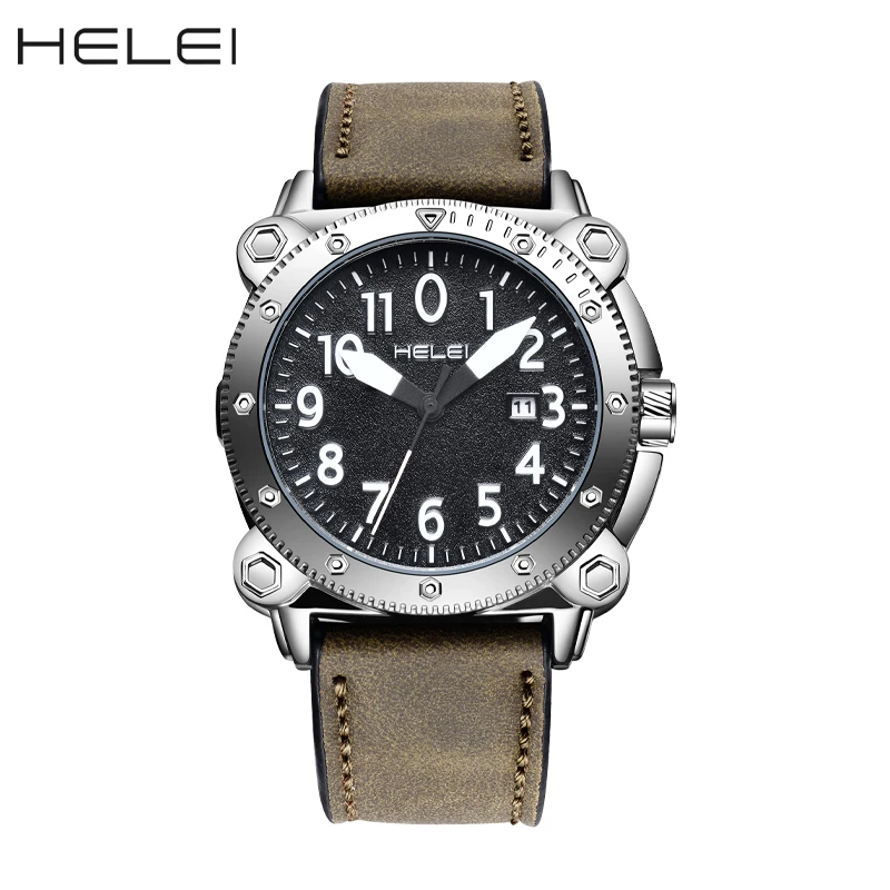 HELEI Fashion new sports casual quartz watch date genuine leather strap men\'s wristwatch