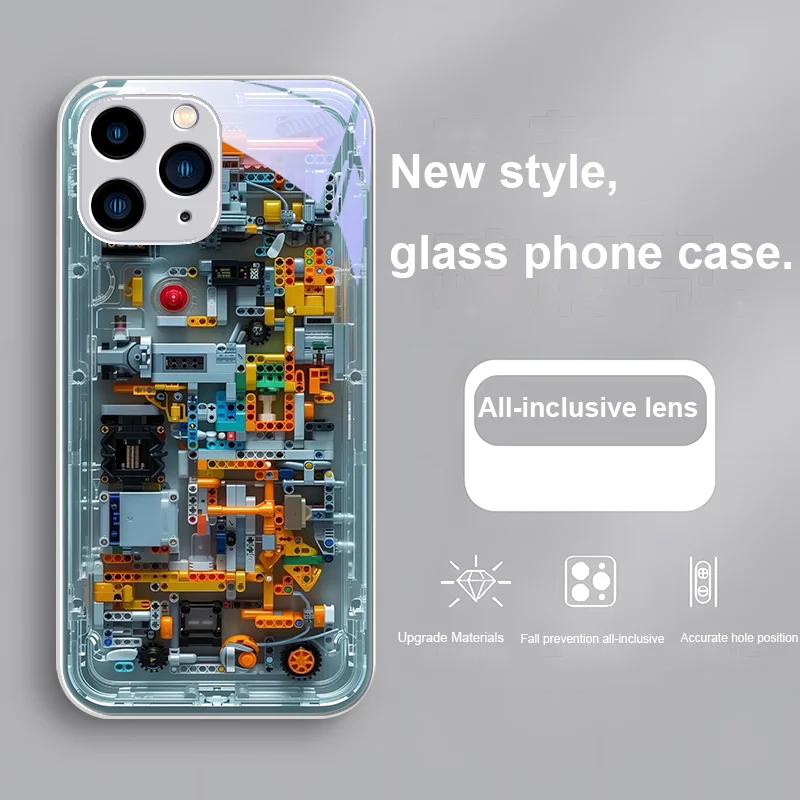 Mechanischer Innenraum Blau Lila für iPhone 15 14 13 12 Mini 11 Pro Max X XS XR 7 8 Plus 2020 22 SE Handyhülle aus gehärtetem Glas