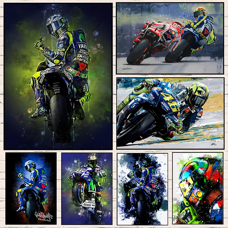 Watercolor Motorcycle Racer Valentino Rossies Poster Canvas Painting Sports Car Racer Portrait HD Print Wall Art Room Home Decor