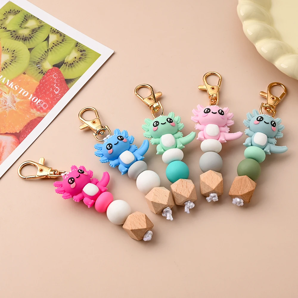 1pc Silicone Beads Stroller Hooks  Cartoon Dinosaur Loose Beads Decorative Accessory Silicone Keychain With Lobster Buckle