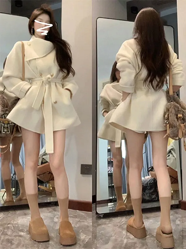 

Ele Double-Faced Woolen Coat with Waist-Cinching Belt Mid-Length Outerwear for Women Sli Commute-Worthy Warmth