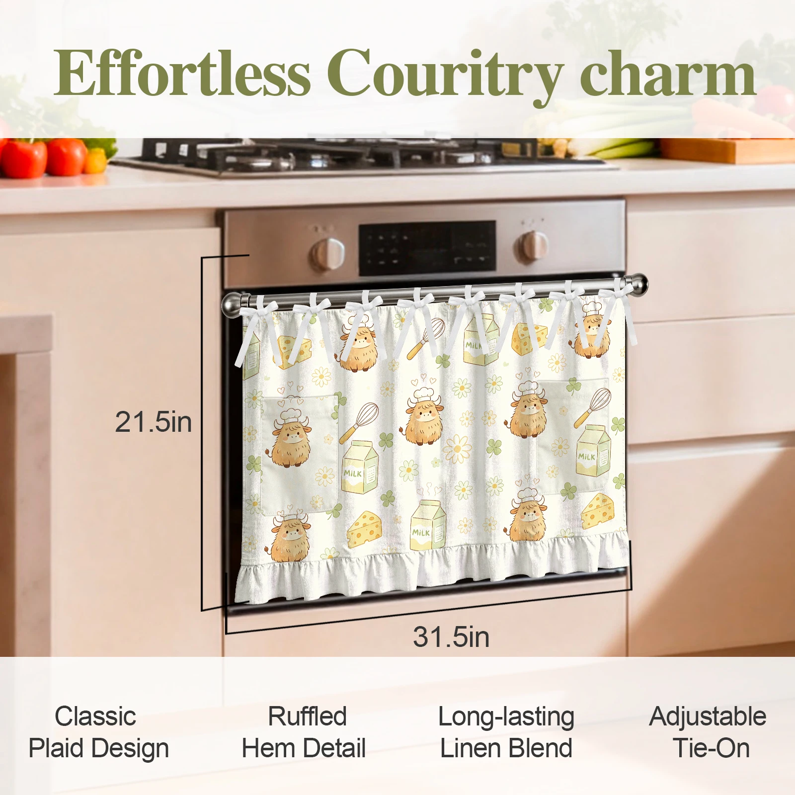 Oven Skirt Curtain for Door, Farmhouse Kitchen Decor Stove Cover with Ruffle Trim and Ribbon Ties, Handmade Style Appliance Curtain to Hide Clutter for Oven, Dishwasher or Washer