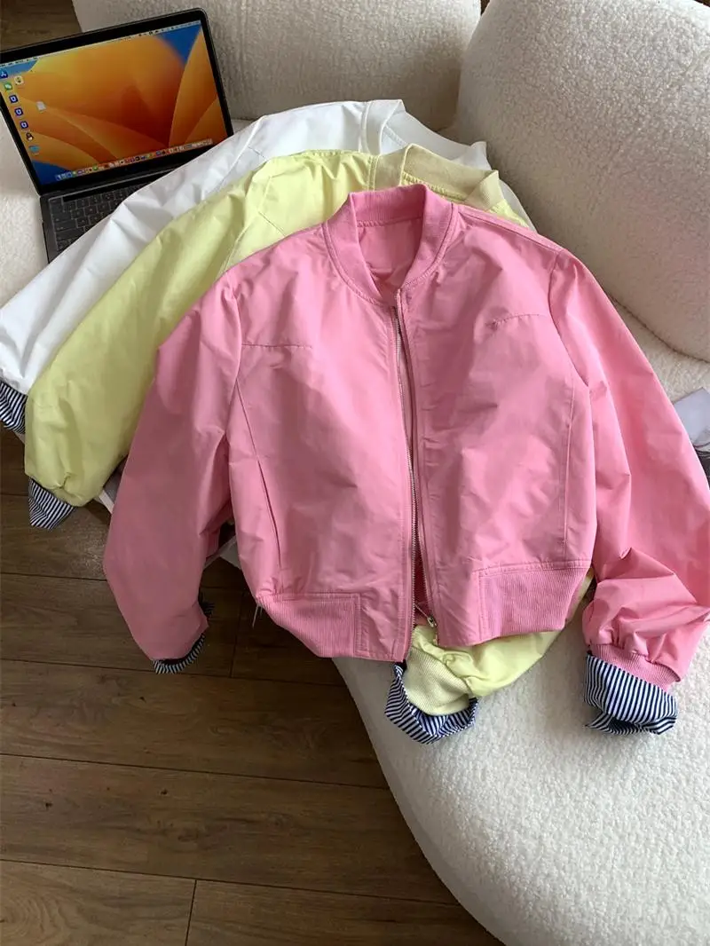 2025 ฤดูใบไม้ผลิและฤดูใบไม้ร่วงแขนเสื้อแจ็คเก็ตสั้นลายเสื้อแจ็คเก็ตเบสบอลผู้หญิงแจ็คเก็ตสีชมพู Daily Commuter อเนกประสงค์