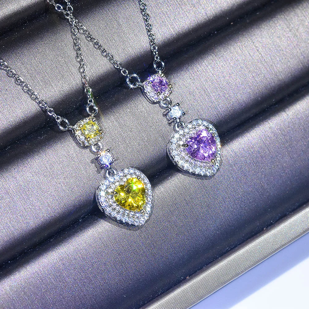 S925 Sterling Silver Necklace New Luxury Full Diamond Yellow Diamond Heart Pink Diamond Love Necklace