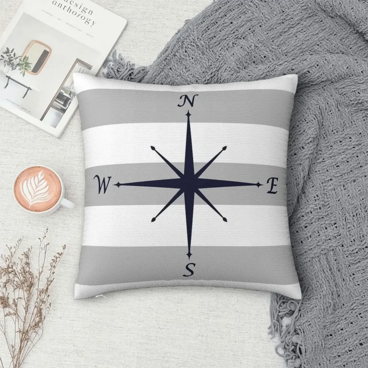 Nautical Navy Blue Ship's Steering Wheel On Red Stripes Pillowcase Cushion Comfort Throw Pillow Sofa Decorative Cushions Used