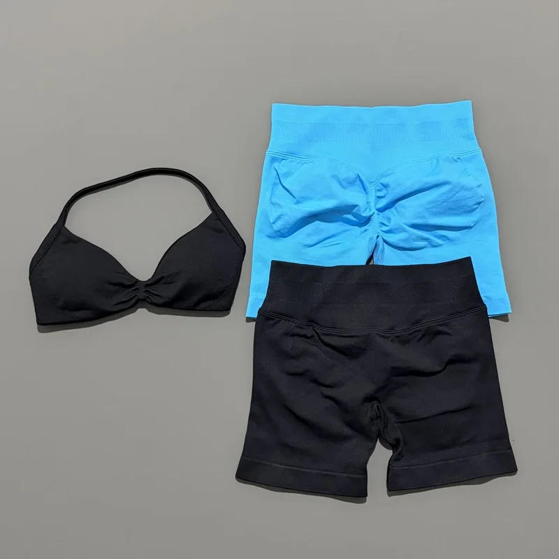 ชุดโยคะ 2 ชิ้น สำหรับผู้หญิง เสื้อชั้นในโยคะแบบไร้ตะเข็บ สายรัดเอวสูง กางเกงขาสั้นออกกำลังกายแบบรัดรูป ชุดกีฬา ชุดฟิตเนส